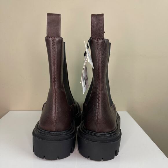 ZARA Brown Leather Ankle Boots Elastic Chunky Heel Track Sole Women 38 7.5 NEW - Picture 5 of 6